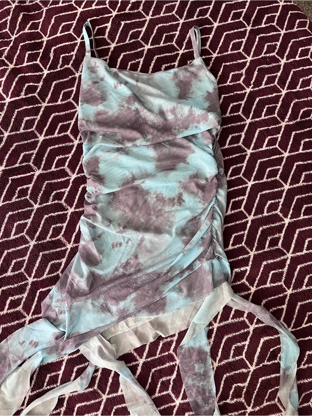 Tie-Dye Spaghetti Strap Ruched Mini Dress - Blue & Mauve